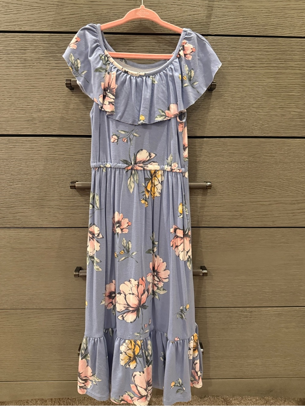 Girls' Light Blue Floral Ruffle Maxi Dress